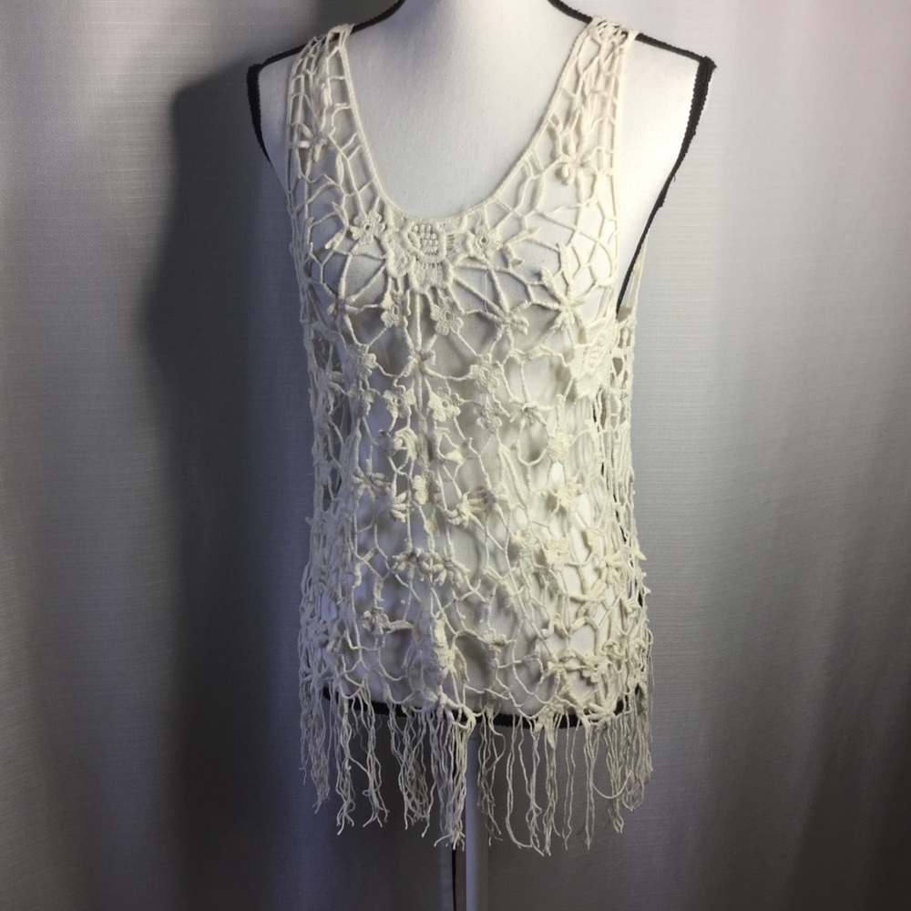 PINK ROSE Ivory Macrame Beach Coverup Floral S/M